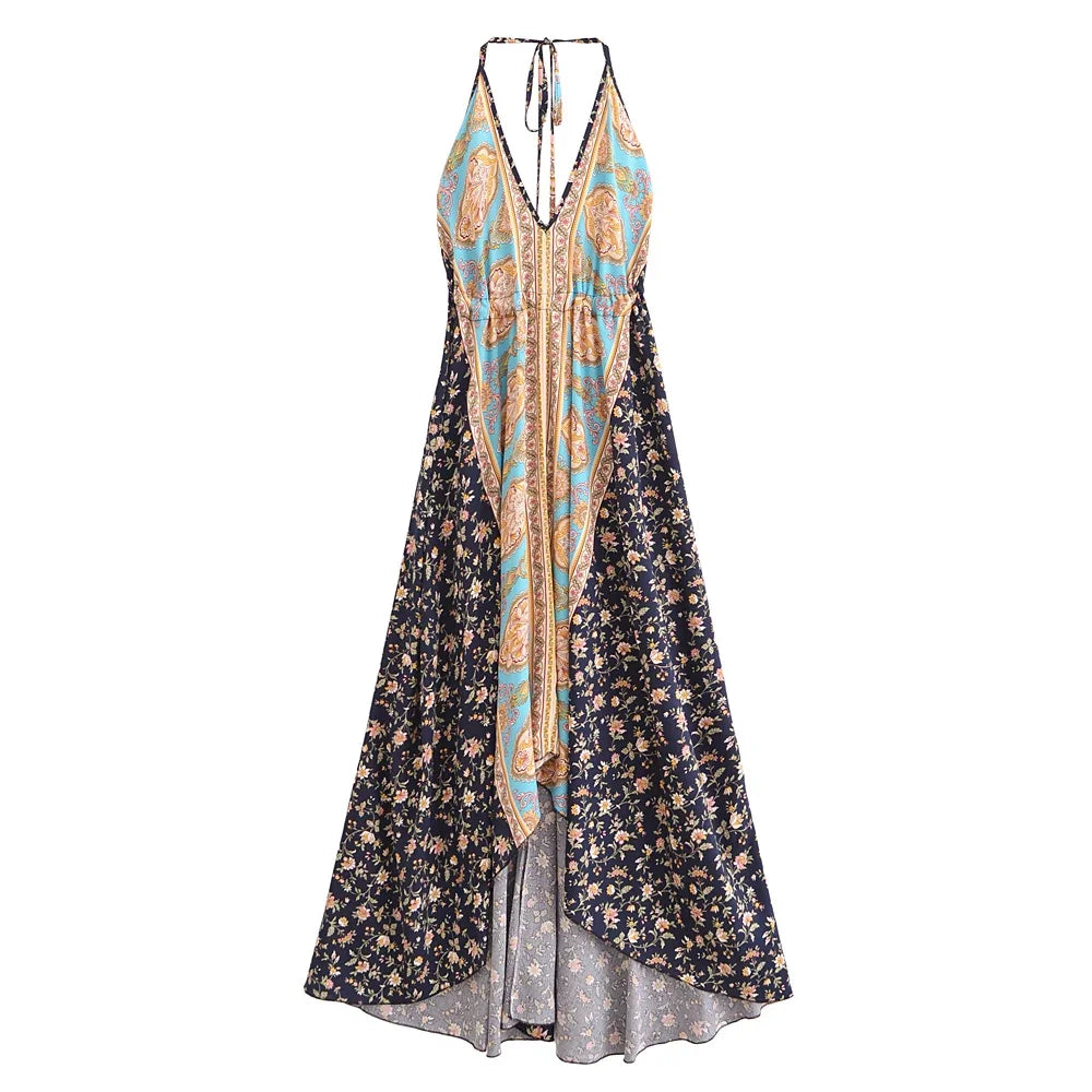 Happie Queens Women Wild Floral Open Back Sexy High-Low Beach Bohemian Dress Lady Tassel Strapless Vacation Summer Boho Dress