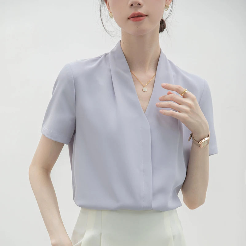 2025 Fashion Summer Short Sleeve V-Neck Women Blouse White Blouse Shirt Women Tops Blouses Shirts Blusas Para Mujer Camisas XL86