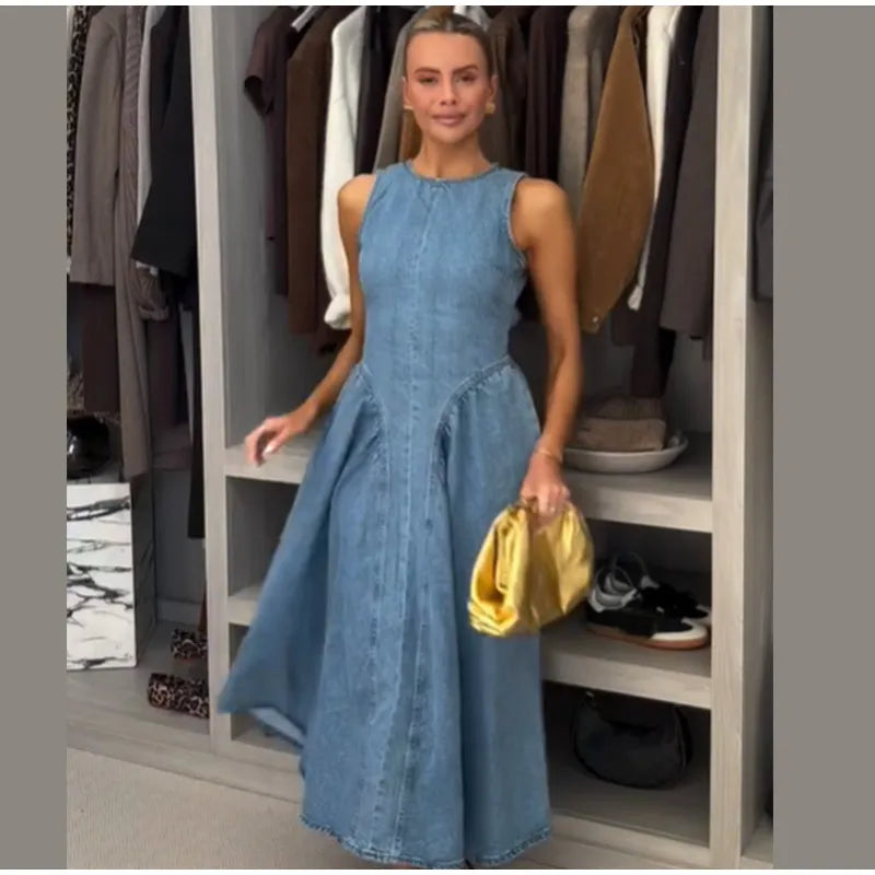 Fashion Solid Long Denim Vestidos Women Sleeveless OffShoulder Lace Up Backless Square Neck Jeans Dresses 2025 Chic Street Wear