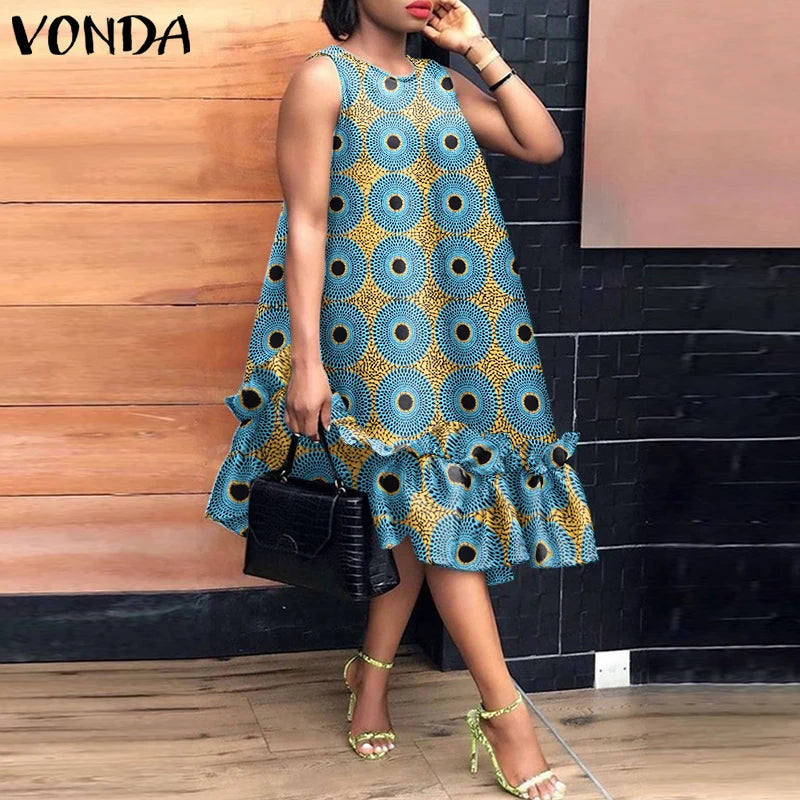 VONDA Bohemian Dress Women Printed Sleeveless Summer Sundress 2025 Loose Casual Ruffled Party Vestidos Oversized Mid-Calf Robe