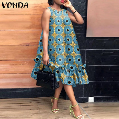VONDA Bohemian Dress Women Printed Sleeveless Summer Sundress 2025 Loose Casual Ruffled Party Vestidos Oversized Mid-Calf Robe