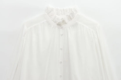 TRAF 2025 Woman Fashion Casual Breathable Hollowed Out Embroidered Top Slim Single Breasted Shirts Spring