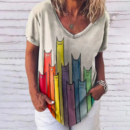 Fashion Woman Blouses 2022 T-shirt Women's 3d Cats Print Black Kawaii V-neck T Shirt Female Clothing Oversized Summer Tops Tees