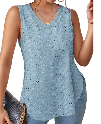 Spring Summer New Pure Color V-neck Slit T-shirt Vest Women Cross-Border Independent Station Sleeveless Polyester Fiber