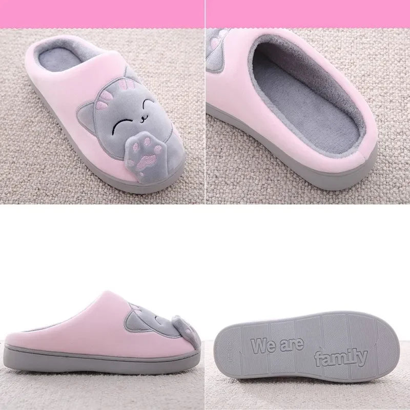 Women Winter Warm Slippers Cartoon Cat Shoes Furry Plush Slides Round Toe Flats