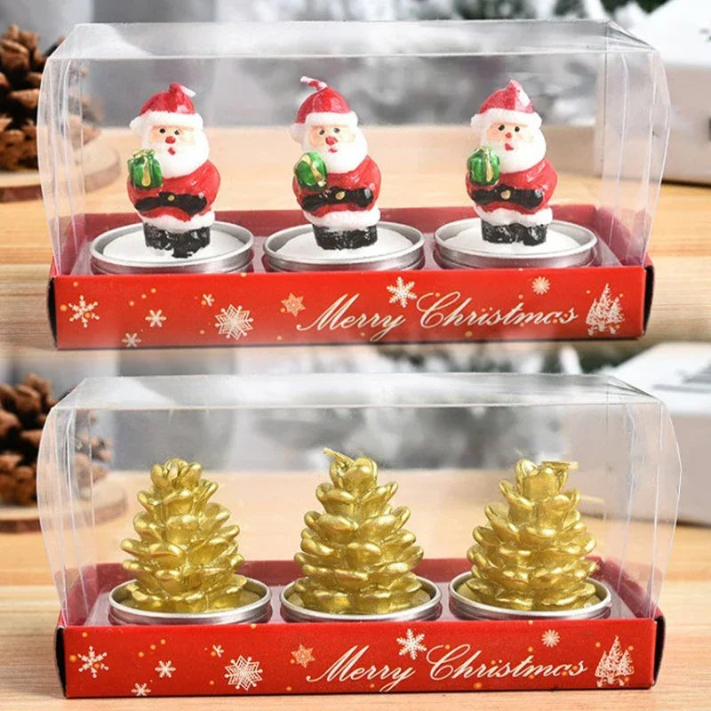 3pcs Christmas Candles Atmosphere Valentine's Day Santa Claus Snowman Xmas Tree Pine Cones Craft Gifts Party Table Decorations