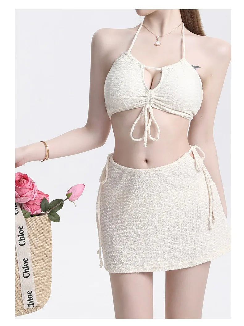 Fashion Sexy Ribbed Halter Bikinis Set Three Pieces Sets Drawstring Tie Swimsuit with Mini Skirt Swimwear Beach Wear