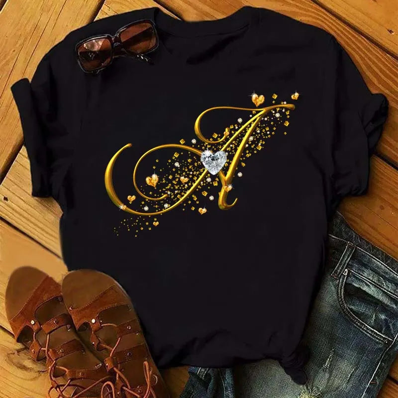 Custom Name Letter Combination Fashion Women T-shirt Diamond Gold Letter Font A B C D E F G Short Sleeve Tops Black T-shirt