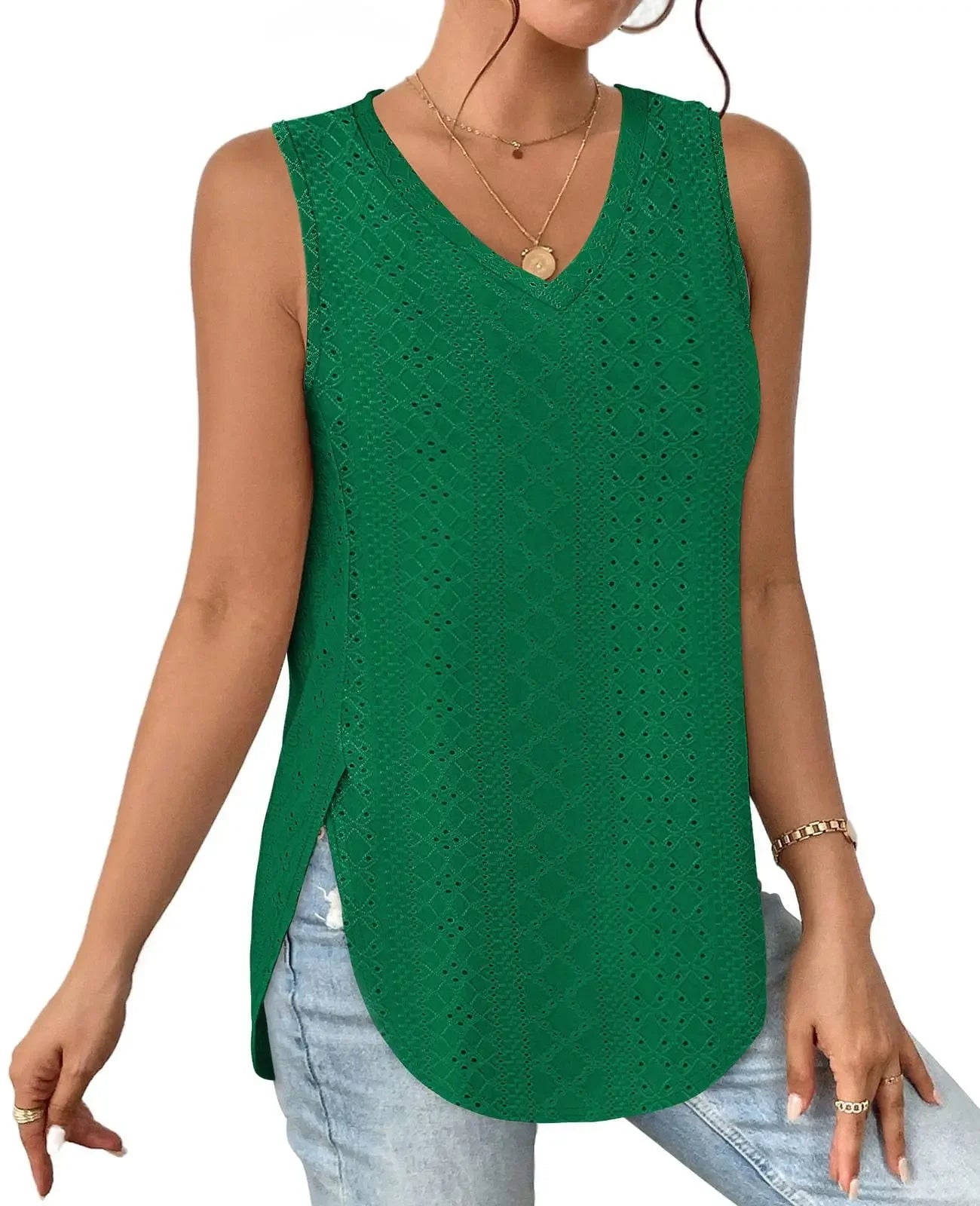 Spring Summer New Pure Color V-neck Slit T-shirt Vest Women Cross-Border Independent Station Sleeveless Polyester Fiber