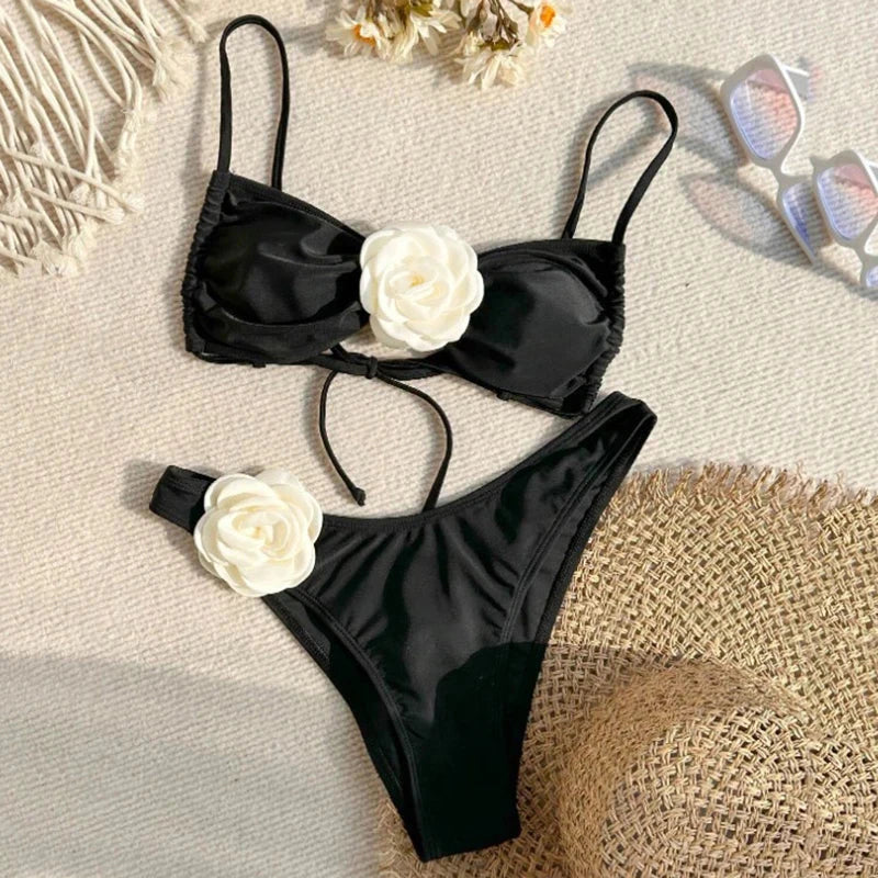 Shop Chic Floral Bandeau Thong Bikini - Lace-Up Brazilian Swimsuit Set