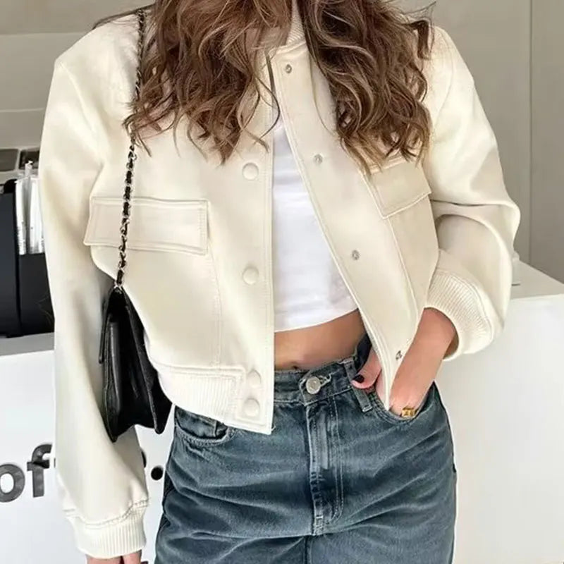 Shop Women's White Bomber Jacket - Cropped, Long Sleeve, Button-Up for Autumn/Winter