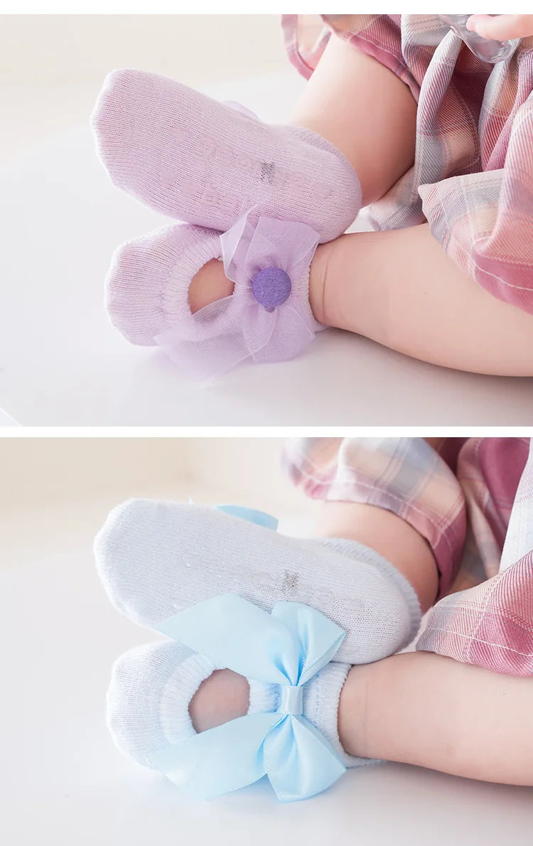 3 Pairs Baby Girl Ankle Socks Lace Bow Infant Anti Slip Socks Newborn Princess Pearl Low Cut Socks Children Home Floor Shoes