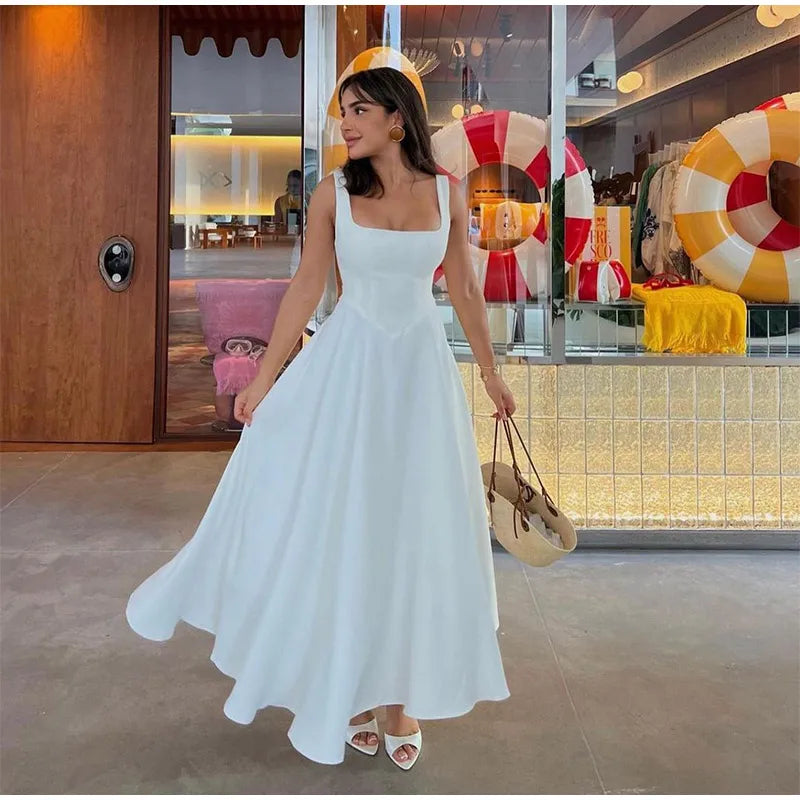 Fashion Solid Long Denim Vestidos Women Sleeveless OffShoulder Lace Up Backless Square Neck Jeans Dresses 2025 Chic Street Wear