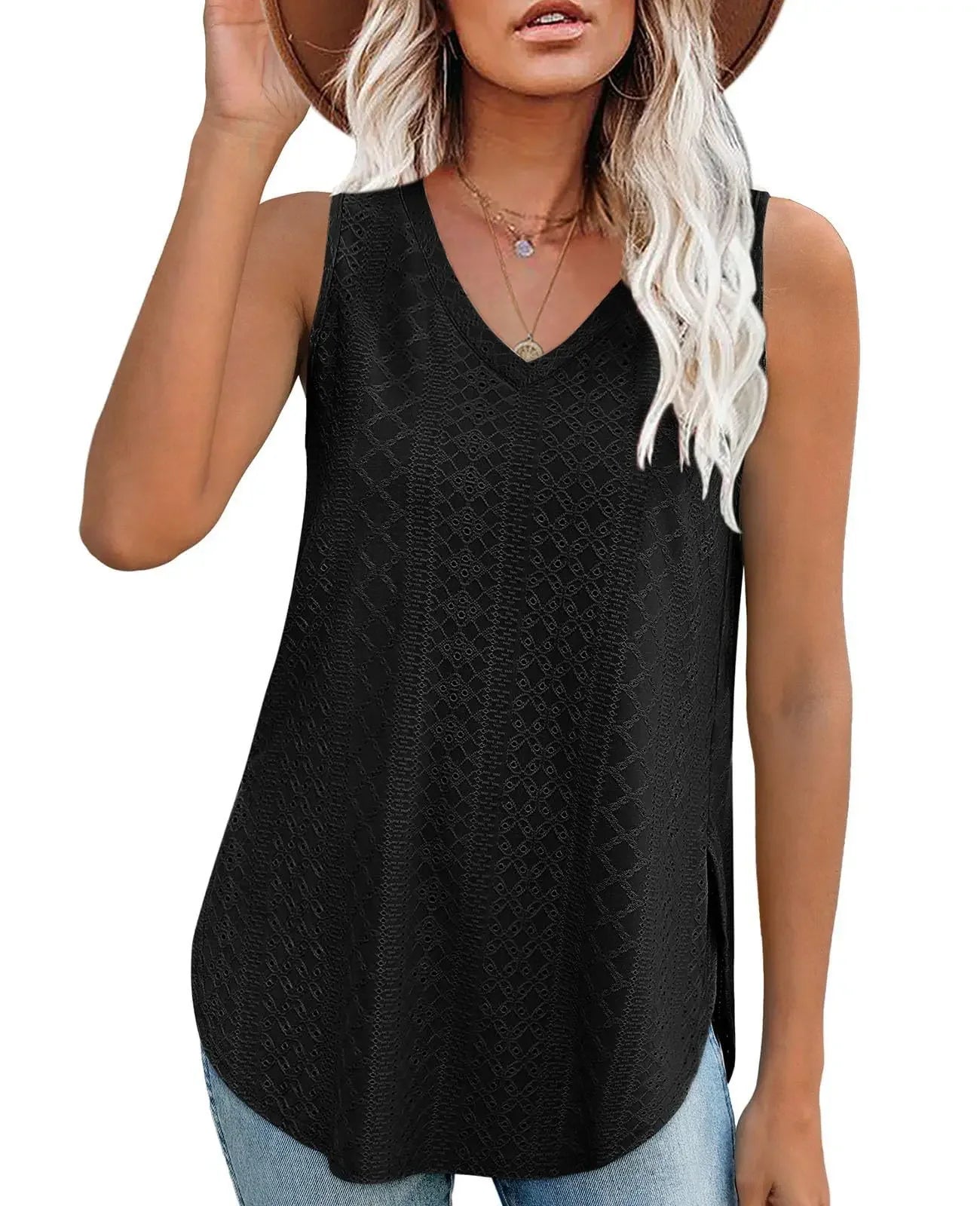 Spring Summer New Pure Color V-neck Slit T-shirt Vest Women Cross-Border Independent Station Sleeveless Polyester Fiber