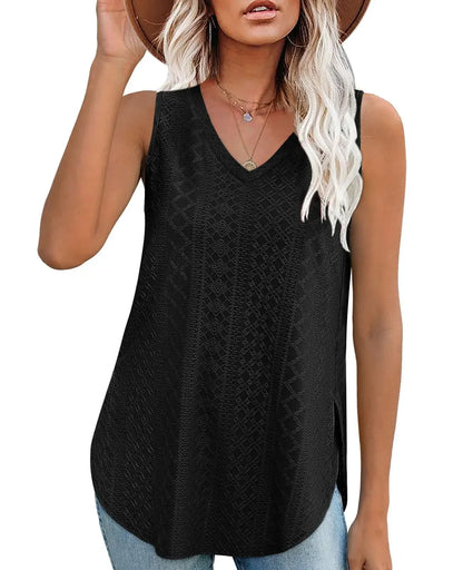 Spring Summer New Pure Color V-neck Slit T-shirt Vest Women Cross-Border Independent Station Sleeveless Polyester Fiber
