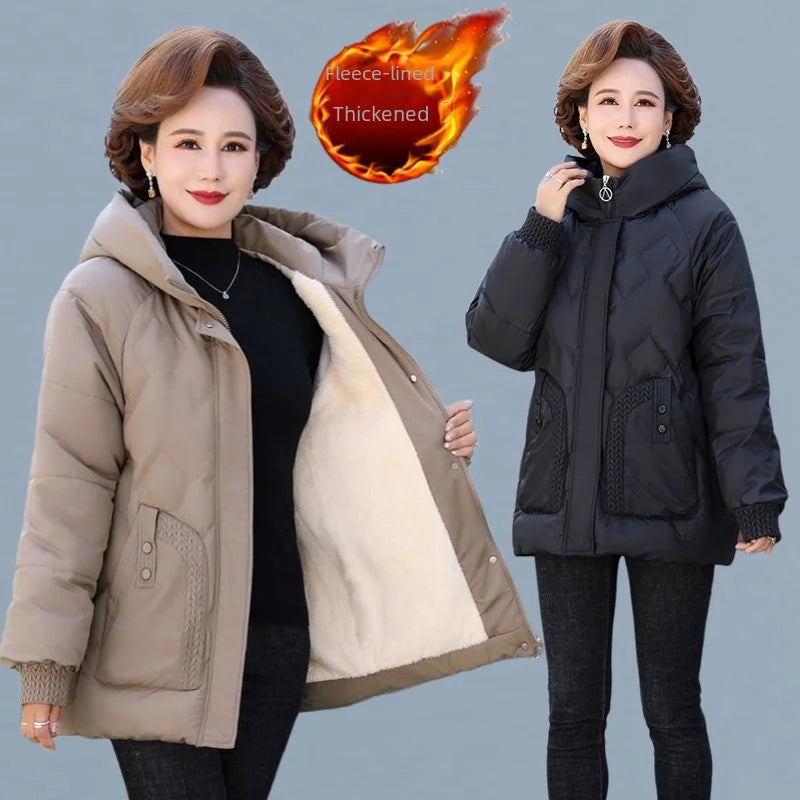 Stylish Thickened Cotton-padded Fleece-lined Jacket For Middle-aged Elderly Women Warm Winter Coat