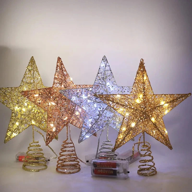 Iron Glitter Christmas Tree Topper Star with LED Copper Wire Lights Merry Christmas Tree Decor for Home Navidad Ornaments