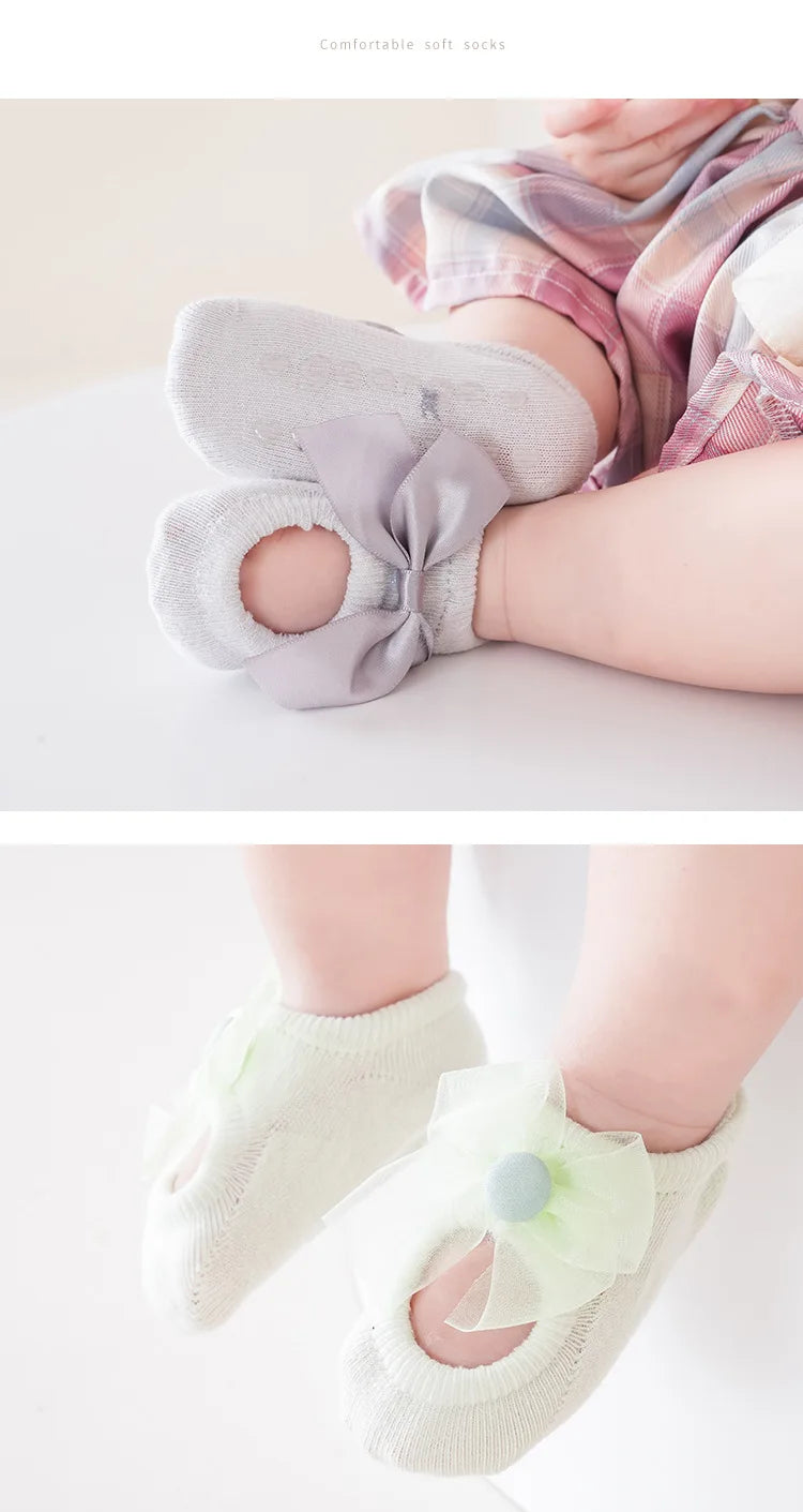 3 Pairs Baby Girl Ankle Socks Lace Bow Infant Anti Slip Socks Newborn Princess Pearl Low Cut Socks Children Home Floor Shoes
