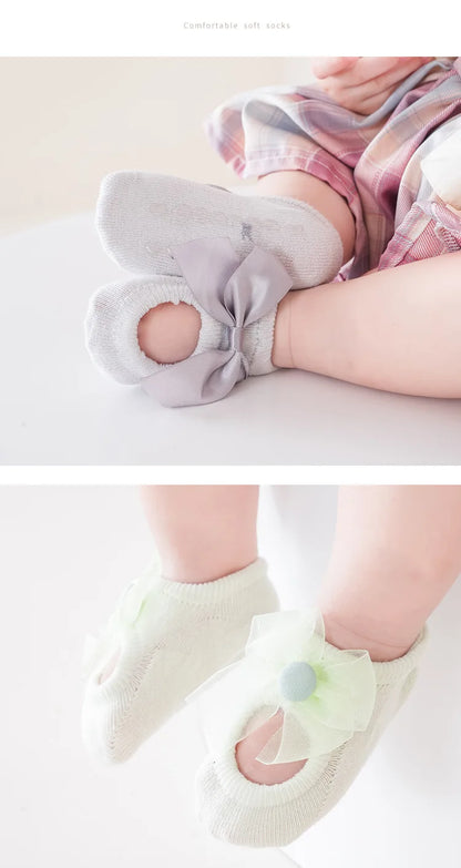 3 Pairs Baby Girl Ankle Socks Lace Bow Infant Anti Slip Socks Newborn Princess Pearl Low Cut Socks Children Home Floor Shoes