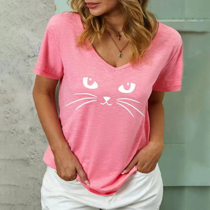 Fashion Woman Blouses 2022 T-shirt Women's 3d Cats Print Black Kawaii V-neck T Shirt Female Clothing Oversized Summer Tops Tees