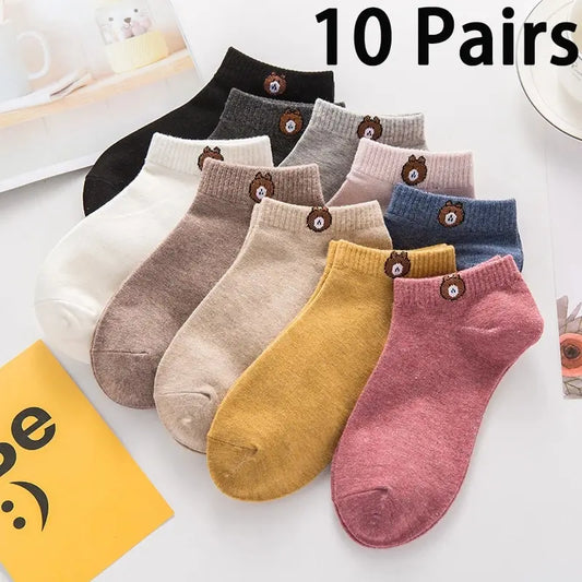 Cute Bear Pattern Low Tube Socks - 10 Pairs for Casual Style