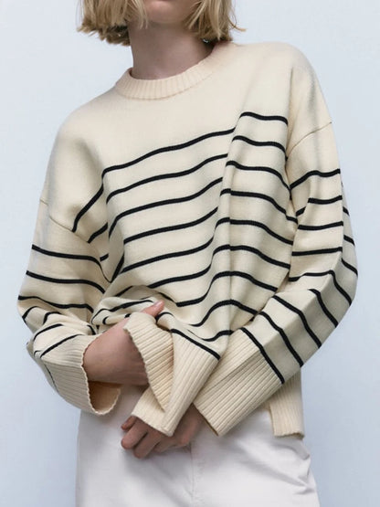 Shop Beige Stripe Baggy Sweater - Women's Long Sleeve Knitted Pullover for Autumn/Winter