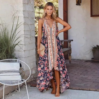 Happie Queens Women Wild Floral Open Back Sexy High-Low Beach Bohemian Dress Lady Tassel Strapless Vacation Summer Boho Dress