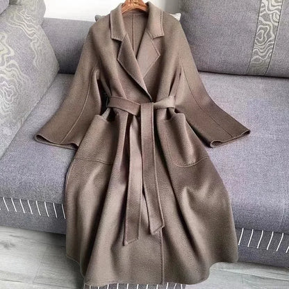 MAX Women Jacket Autumn Winter New Labbro Bathrobe Water Ripple Double Faced Wool Coat Lace Up Woolen Long Coat Women