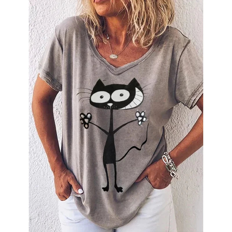 Fashion Woman Blouses 2022 T-shirt Women's 3d Cats Print Black Kawaii V-neck T Shirt Female Clothing Oversized Summer Tops Tees