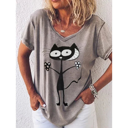 Fashion Woman Blouses 2022 T-shirt Women's 3d Cats Print Black Kawaii V-neck T Shirt Female Clothing Oversized Summer Tops Tees