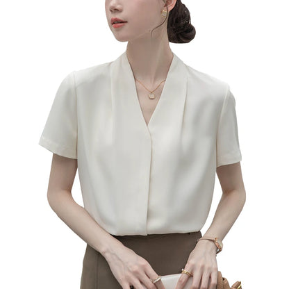 2025 Fashion Summer Short Sleeve V-Neck Women Blouse White Blouse Shirt Women Tops Blouses Shirts Blusas Para Mujer Camisas XL86