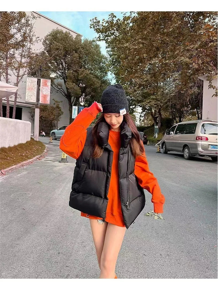 Women Fashion Autumn New 2024 Stand Collar Elegant Down Coats Warm Outerwear Casual Belt Sleeveless Winter Women Vests Jackets