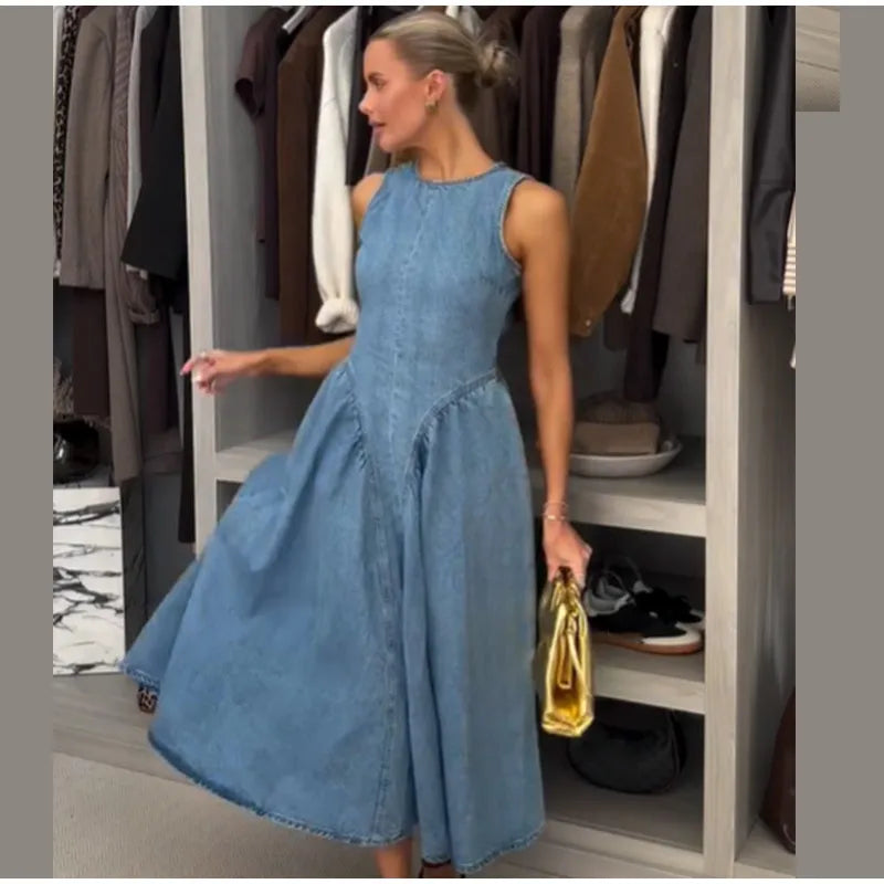 Fashion Solid Long Denim Vestidos Women Sleeveless OffShoulder Lace Up Backless Square Neck Jeans Dresses 2025 Chic Street Wear