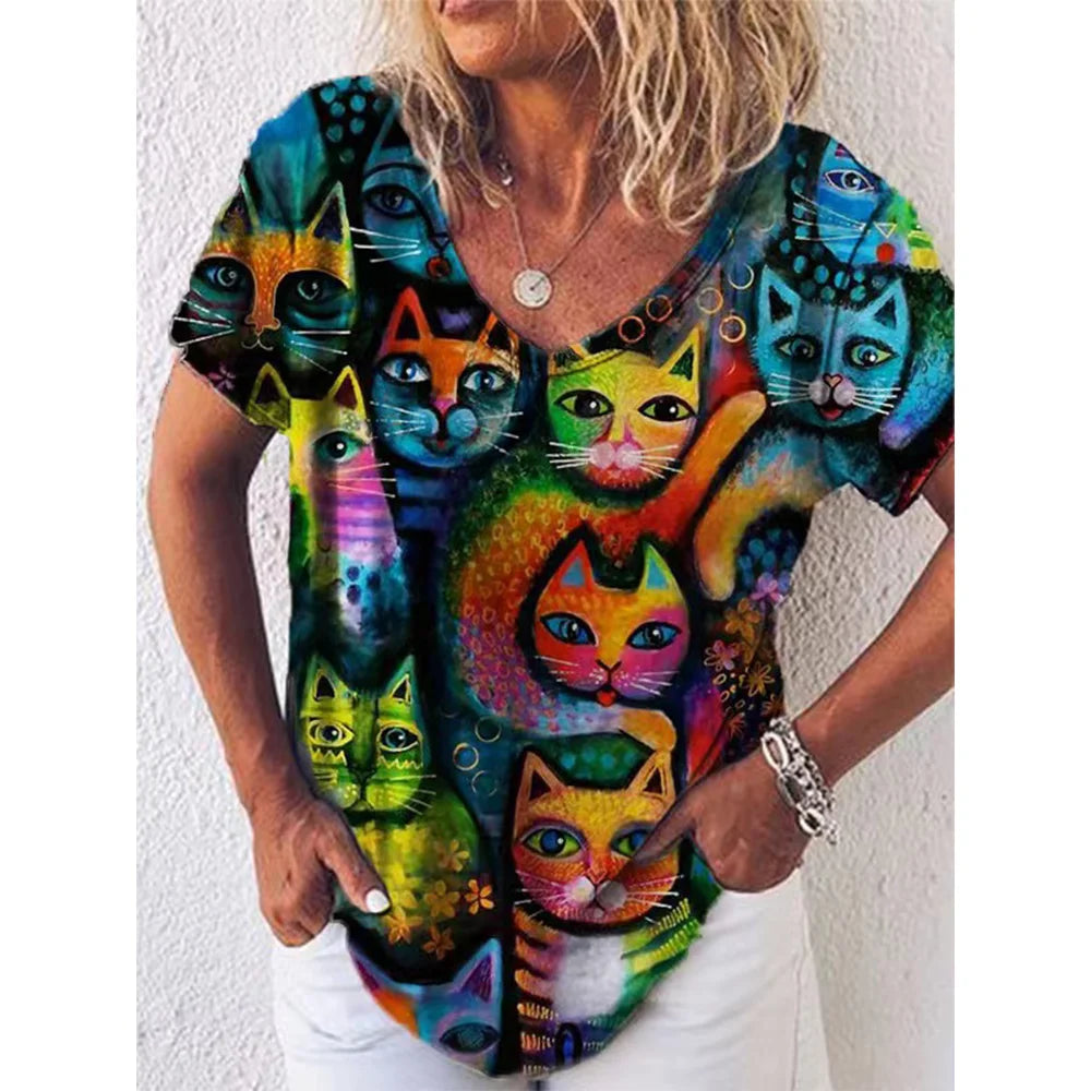 Fashion Woman Blouses 2022 T-shirt Women's 3d Cats Print Black Kawaii V-neck T Shirt Female Clothing Oversized Summer Tops Tees
