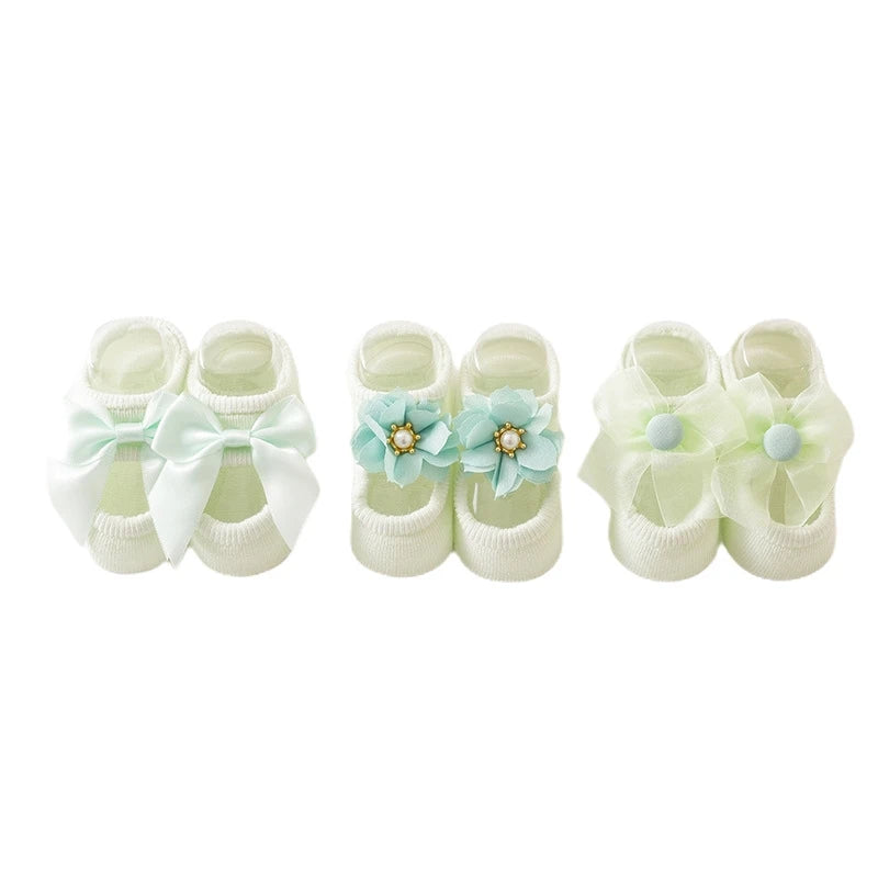 3 Pairs Baby Girl Ankle Socks Lace Bow Infant Anti Slip Socks Newborn Princess Pearl Low Cut Socks Children Home Floor Shoes
