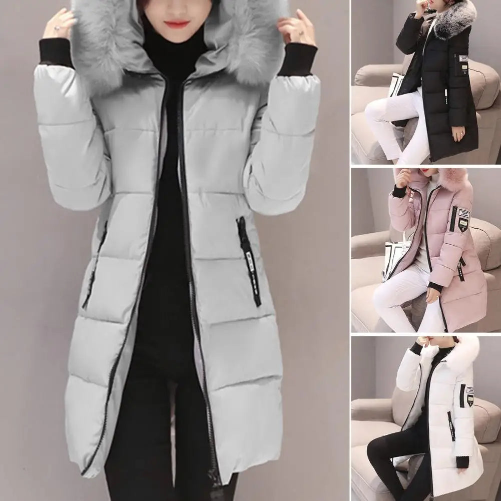 Warm Winter Coat Windproof Hooded Winter Cotton Coat with Zipper Pockets for Women Thickened Padded Mid Length Down Coat Warm