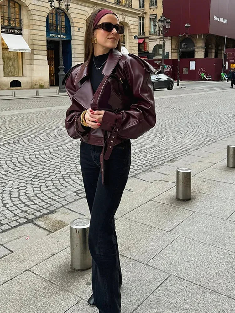 Shop Women's Slim Red Leather Cropped Jacket - Trendy Streetwear