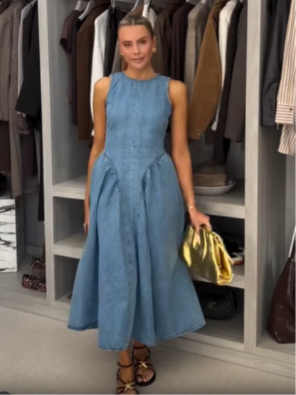 Fashion Solid Long Denim Vestidos Women Sleeveless OffShoulder Lace Up Backless Square Neck Jeans Dresses 2025 Chic Street Wear