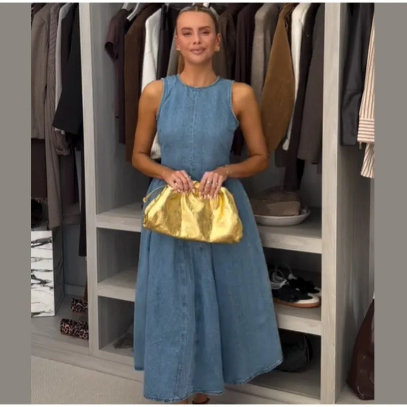 Fashion Solid Long Denim Vestidos Women Sleeveless OffShoulder Lace Up Backless Square Neck Jeans Dresses 2025 Chic Street Wear