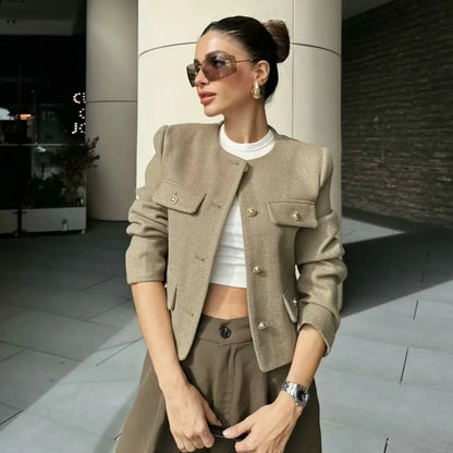 Shop Women's Fashion Versatile Round Neck Single Breasted Jacket