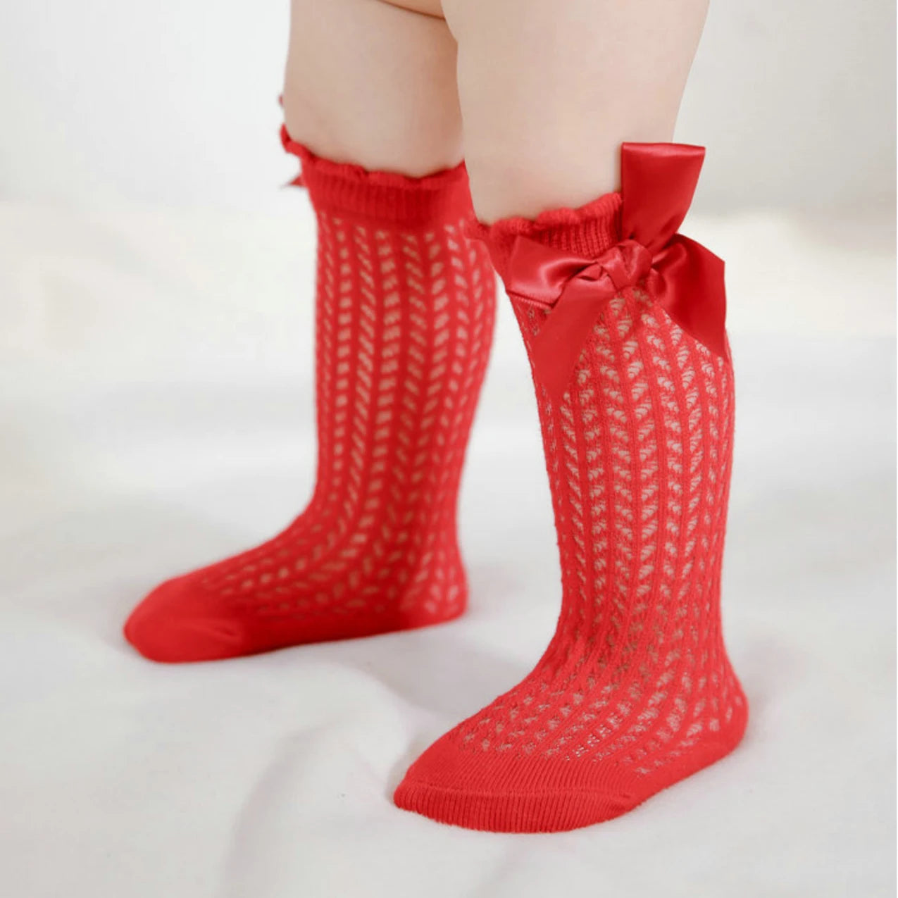 Summer Mesh Baby Girls Socks Cute Big Bows Soft Cotton Elastic White Red Newborn Stockings Knee High Long for Toddler Socks