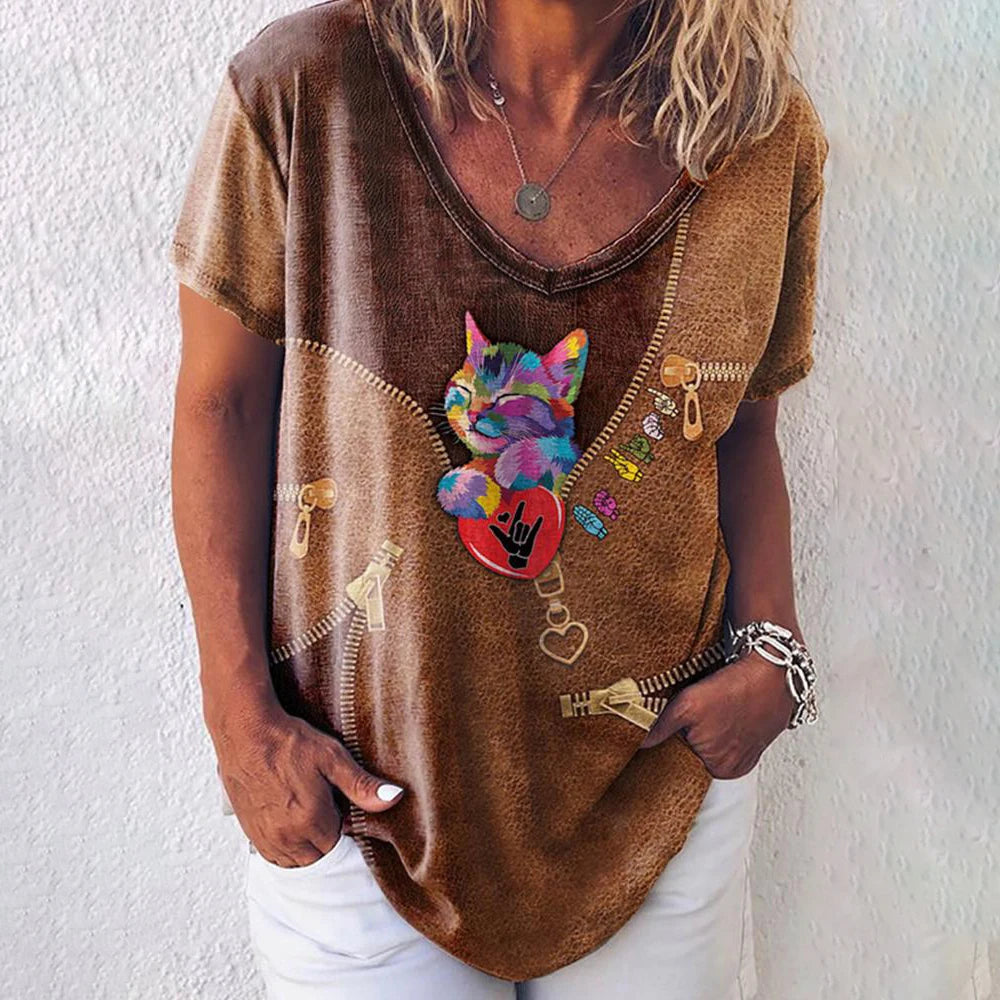 Fashion Woman Blouses 2022 T-shirt Women's 3d Cats Print Black Kawaii V-neck T Shirt Female Clothing Oversized Summer Tops Tees