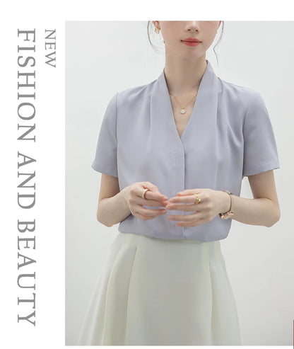 2025 Fashion Summer Short Sleeve V-Neck Women Blouse White Blouse Shirt Women Tops Blouses Shirts Blusas Para Mujer Camisas XL86