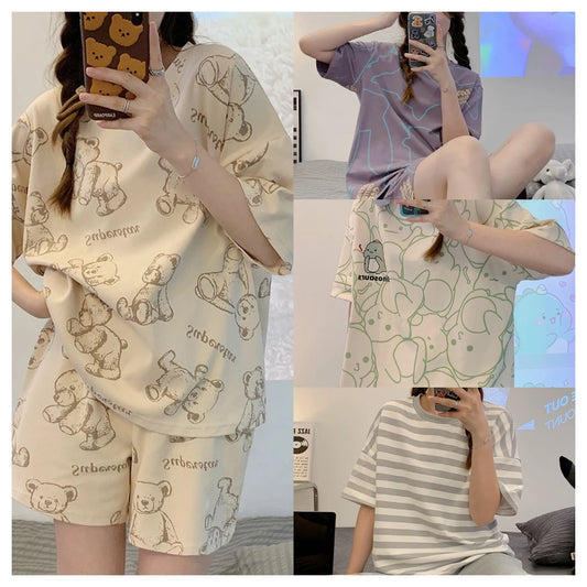 New Women's Pajamas Two-Piece Summer Thin Section Of Short-Sleeved Shorts Cute And Comfortable Milky Outwear Homewear Suit