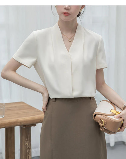 2025 Fashion Summer Short Sleeve V-Neck Women Blouse White Blouse Shirt Women Tops Blouses Shirts Blusas Para Mujer Camisas XL86