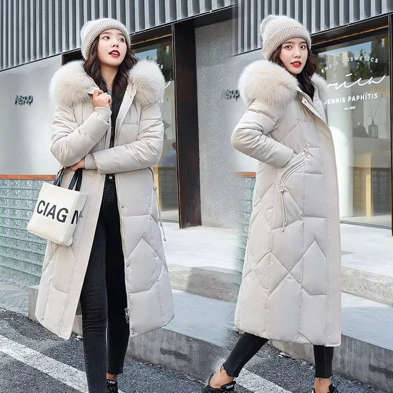 Women Winter Jacket 2024 New Mid-length Clothes Fashion Slim Fur Collar Thick Cotton Coat Elegant Parka Woman Padded Coat