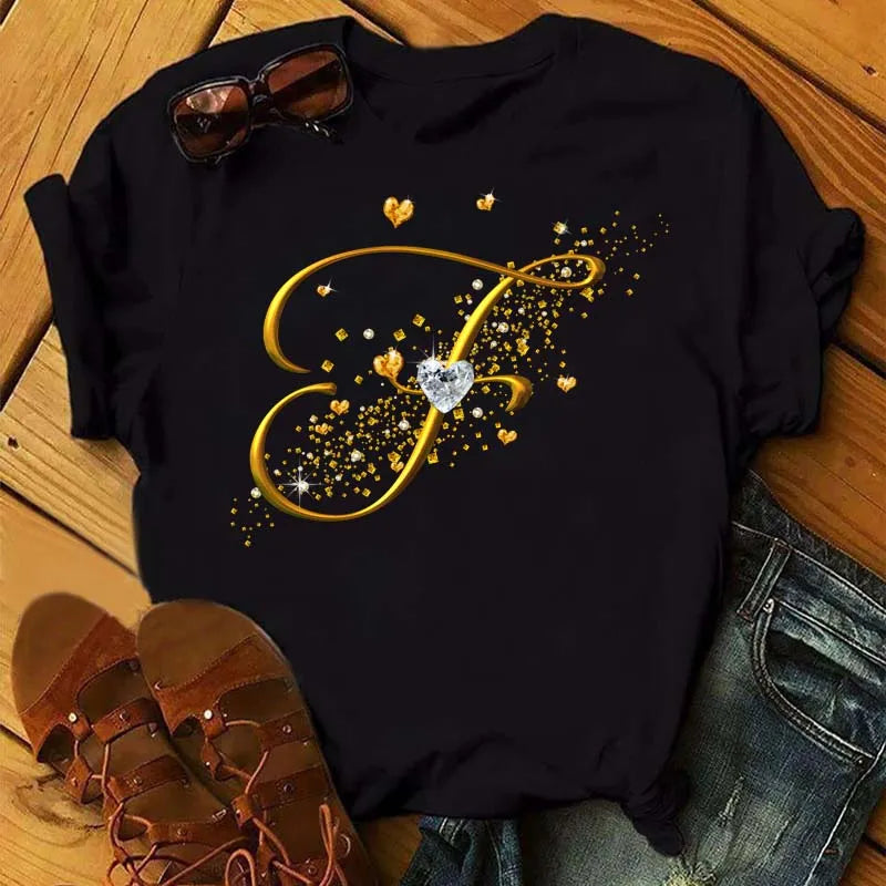 Custom Name Letter Combination Fashion Women T-shirt Diamond Gold Letter Font A B C D E F G Short Sleeve Tops Black T-shirt
