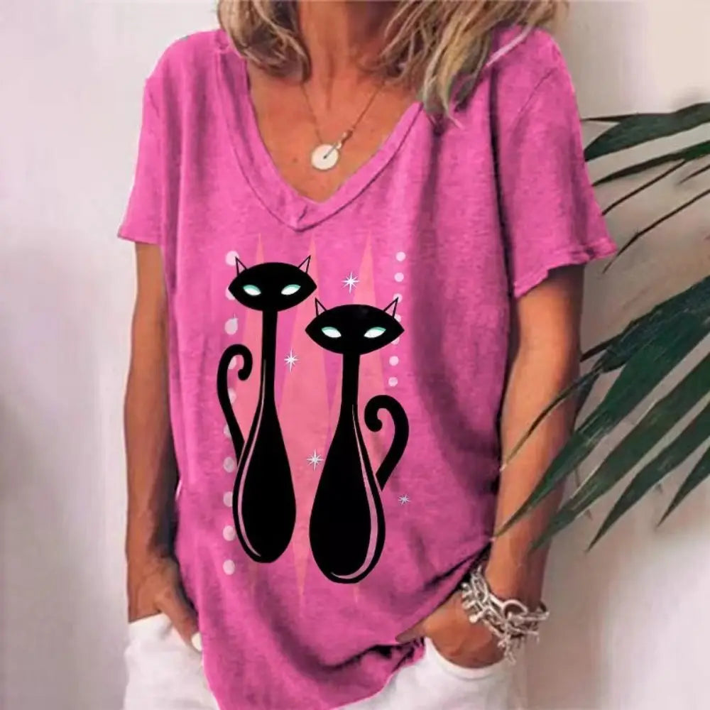 Fashion Woman Blouses 2022 T-shirt Women's 3d Cats Print Black Kawaii V-neck T Shirt Female Clothing Oversized Summer Tops Tees