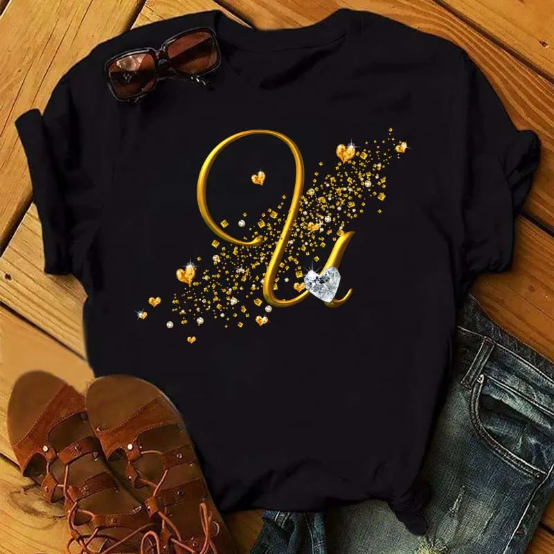 Custom Name Letter Combination Fashion Women T-shirt Diamond Gold Letter Font A B C D E F G Short Sleeve Tops Black T-shirt