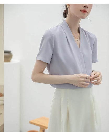 2025 Fashion Summer Short Sleeve V-Neck Women Blouse White Blouse Shirt Women Tops Blouses Shirts Blusas Para Mujer Camisas XL86